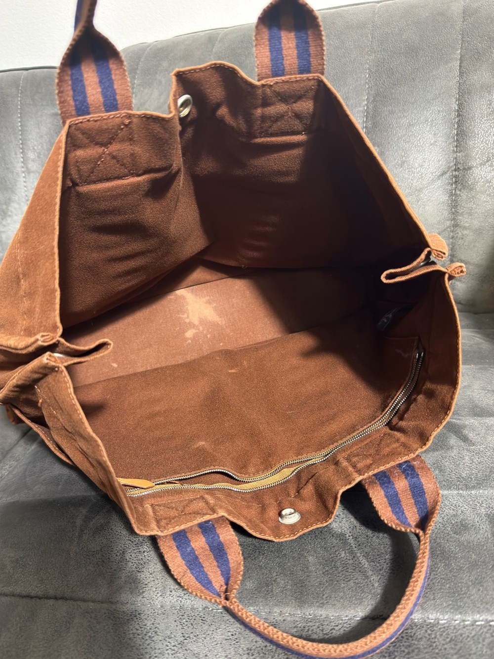 Hermès Fourre Tout MM Canvas Tote Bag Brown Navy Stripe Handbag - Picture 5 of 15